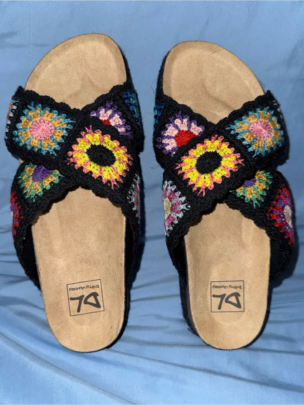 Dirty Laundry Black Crochet Slide Sandals with Multicolor Granny Squares